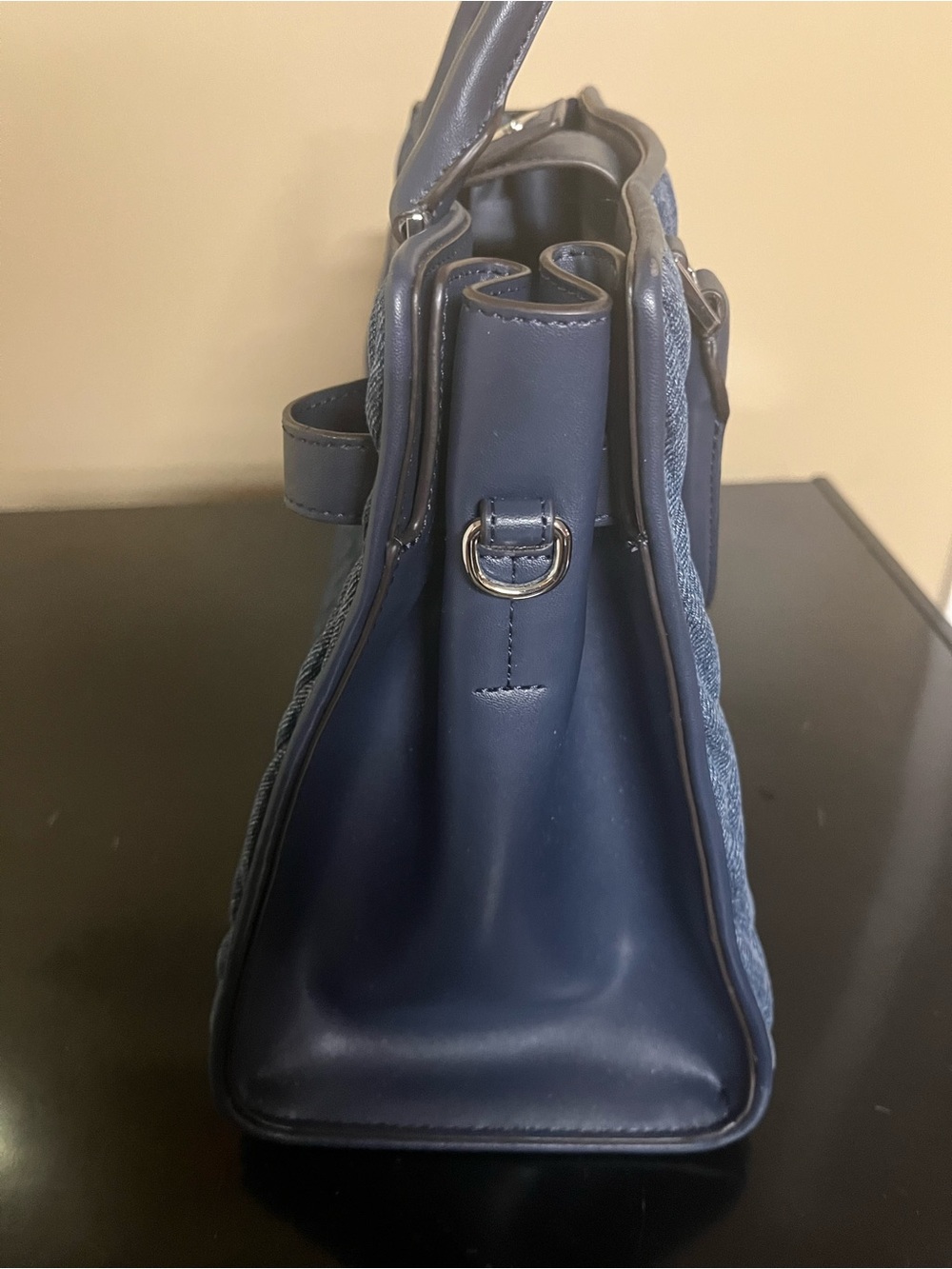 EUC Michael Kors Hamilton Denim-Textured Navy Satchel with Shoulder Strap - Picture 12 of 14